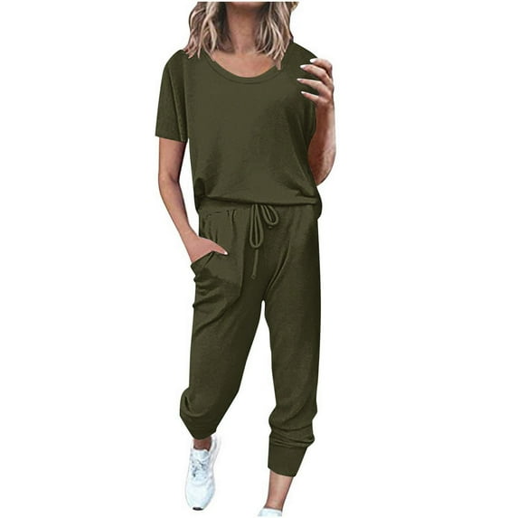 Dazajoo Solid Color Two Piece Outfit for Women Summer Short Sleeve Crew Neck Pullover Tops with Long Pants with Pockets Tracksuit Womens Lounge Jogger Sets 2024,Army Green,XXL