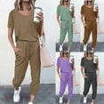 thumbnail image 1 of Dazajoo Solid Color Two Piece Outfit for Women Summer Short Sleeve Crew Neck Pullover Tops with Long Pants with Pockets Tracksuit Womens Lounge Jogger Sets 2024,Purple,XL, 1 of 5