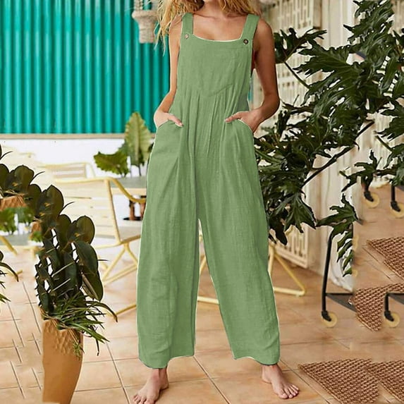 Dazajoo Spaghetti Strap Jumpsuit for Women 2024 Summer Cotton Linen Solid Color Loose Fit Rompers Dressy Fashion Sleeveless Wide Leg Long Pants with Pockets,Green,S