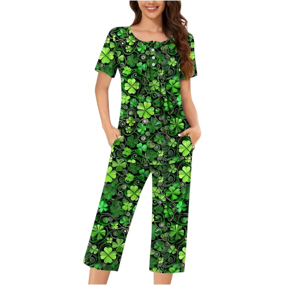 Dazajoo St Patrick's Day Outfits Women Irish Lucky Clover Short Sleeve Round Neck Button Pullover and Comfy Elastic Capris 2025 Festival Lightweight Loose Sleepwear,Multicolor,S