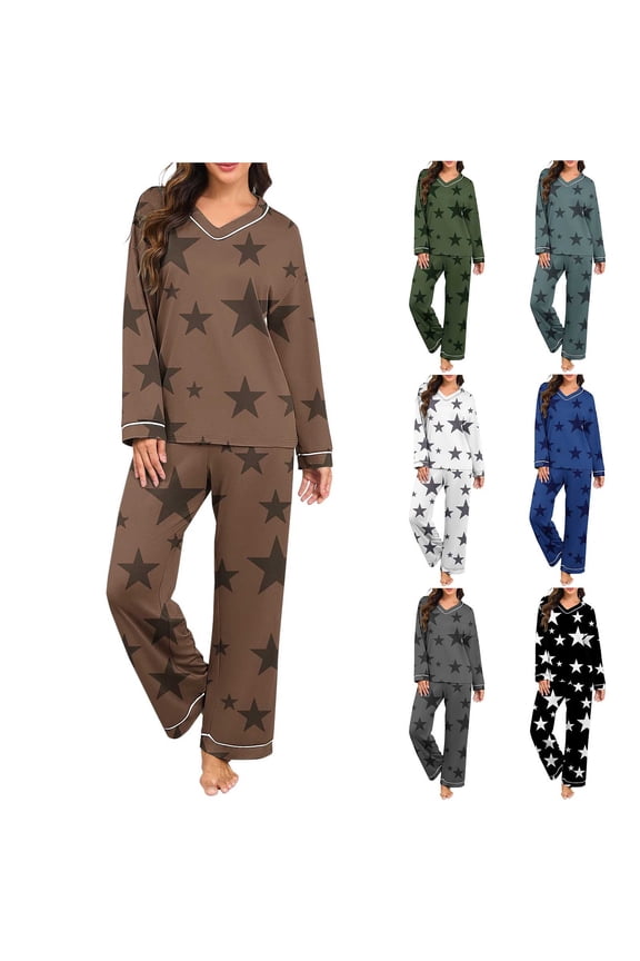 Star Pajama Set Women 2 Piece Long Sleeve Tops and Elastic Waist Bottoms Comfy Soft Sleepwear Lounge Sets,Blue,M