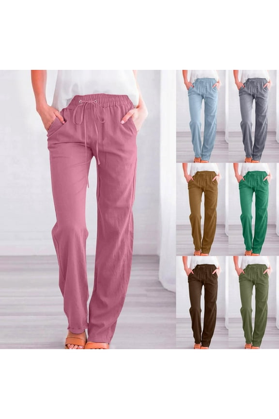 Straight Leg Elastic Waist Pants for Women Plus Size Cotton Linen Solid Color Trousers with Pockets 2024 Autumn Women's Baggy Lightweight Drawstring Long Pants ,Pink,M