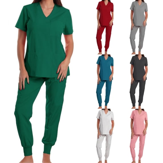 Dazajoo Stretch Scrub Set for Women 2 Piece Short Sleeve V Neck Top and Drawstring Waist Pants with Pockets Comfy Nursing Uniforms,Pink,L