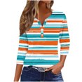 thumbnail image 1 of Dazajoo Striped 3/4 Sleeve Tops for Women Colorful Stripes V Neck Henley Shirts 2024 Fall Womens Baggy Oversized Colorblock T Shirt,Blue,S, 1 of 5