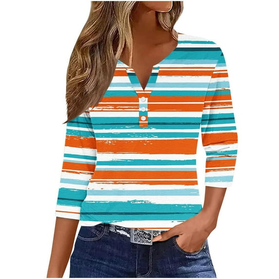 Dazajoo Striped 3/4 Sleeve Tops for Women Colorful Stripes V Neck Henley Shirts 2024 Fall Womens Baggy Oversized Colorblock T Shirt,Blue,S