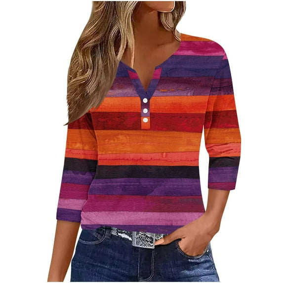 Dazajoo Striped Colorful Shirts for Women Plus Size 3/4 Sleeve Button Henley Shirts 2024 Fall Womens Trendy Colorblock V Neck Baggy Tops,Purple,XL
