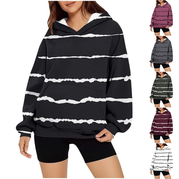 Dazajoo Striped Hooded Sweatshirt Women Colorblock Long Sleeve Pullover Hoodie with Kangaroo Pocket Fall Casual Lightweight Workout Sweatshirts,Wine,S