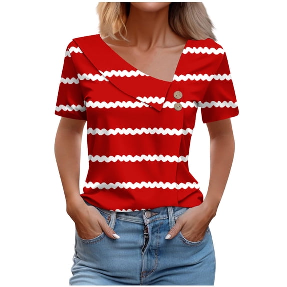 Dazajoo Striped Short Sleeve Tops for Women Fashion Slant Lapel Collar Shirts 2024 Womens Summer Casual Button V Neck Tees Shirt,Red,XXL