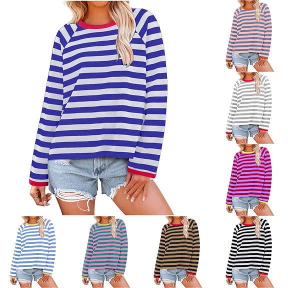 Dazajoo Striped Tee Shirts for Women Casual Long Sleeve Crew Neck Sweatshirts 2024 Fall Winter Dressy Trendy Color Block Pullover Tops Holiday Sales,Pink,XL