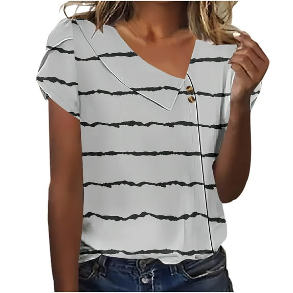 Dazajoo Striped Tops for Women Trendy Petal Sleeve V Neck Shirts with Button 2024 Summer Womens Color Block Slant Collar Blouses,Gray,XXXL