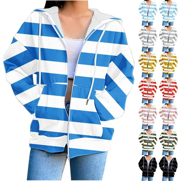 Dazajoo Striped Zip Up Hoodie Women Long Sleeve Hooded Sweatshirts with Pockets Lightweight Oversized Outwear,Navy,XXL