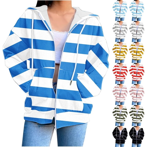 Dazajoo Striped Zip Up Hoodie Women Long Sleeve Hooded Sweatshirts with Pockets Lightweight Oversized Outwear,Yellow,M
