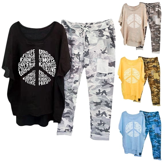 Dazajoo Summer 2 Piece Sets for Women Cotton Linen Round Neck Half Sleeve Graphic Tees and Camo Capri Pants Suits 2025 Dressy Casual Loungewear,Yellow,XXXL