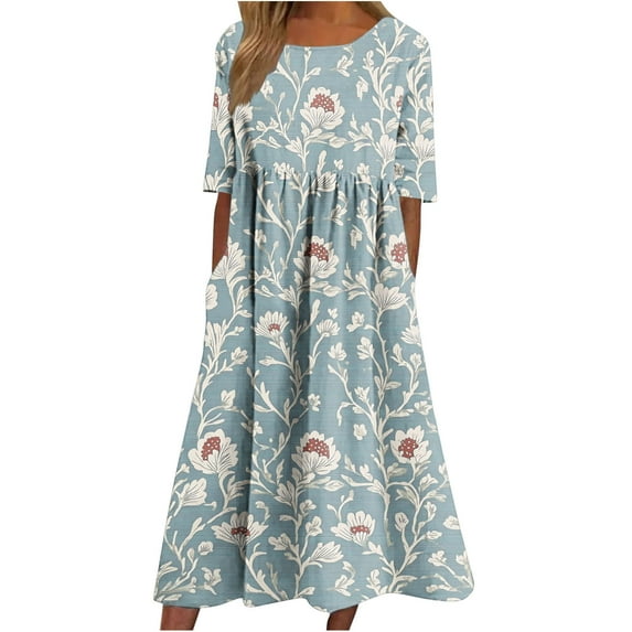 Dazajoo Summer Bohemian Dresses for Women 2025 Plus Size Short Sleeve Floral Midi Dress with Pockets Vacation Beach Sundress,Light Blue,XXL