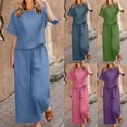 thumbnail image 1 of Dazajoo Summer Cotton Linen Sets for Women Short Sleeve Crew Neck Tops and Wide Leg Pants Casual Solid Color Lightweight Lounge Suits,Green,XL, 1 of 7