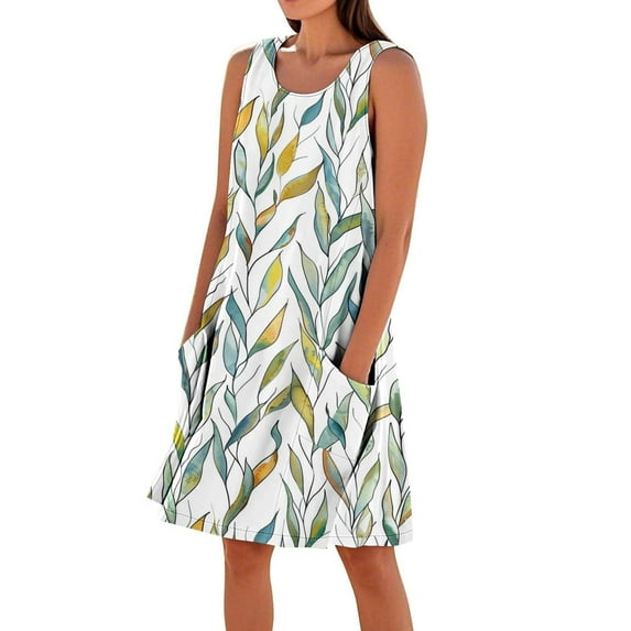 Dazajoo Summer Dresses for Women 2025 Vacation Beach Cotton Linen Dress Flowy Comfy Sleeveless Mini Sundress with Pockets,Multicolor,M