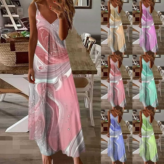 Dazajoo Summer Dresses for Women 2025 Vacation Casual Plus Size Maxi Dress Trendy Flowy Beach Long Spaghetti Strap Sundress,Yellow,L