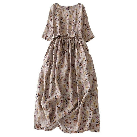 Dazajoo Summer Floral Dress for Women Short Sleeve Cotton Linen Dresses Round Neck Beach Vacation Dress,Purple,XXL