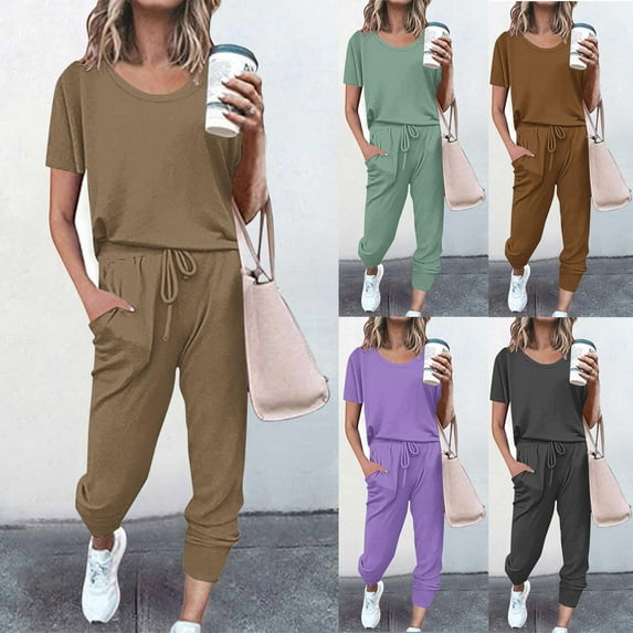 Dazajoo Summer Jogger Sets for Women 2 Piece Long Pants with Round Neck Short Sleeve Tops Loose Tracksuit with Pockets 2024 Womens Casual Solid Set,Mint Green,M