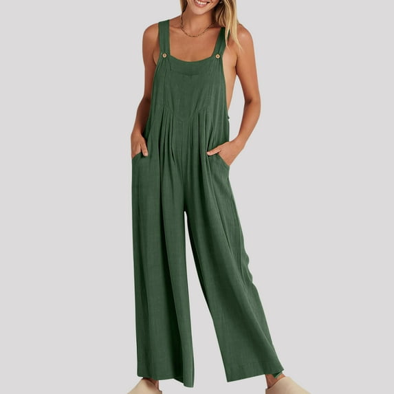 Dazajoo Summer Jumpsuits for Women Basic Solid Cotton Linen Bib Overalls Sleeveless Wide Leg Rompers Casual One Piece Outfits with Pockets Green L