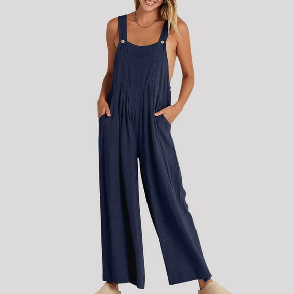 Dazajoo Summer Jumpsuits for Women Basic Solid Cotton Linen Bib Overalls Sleeveless Wide Leg Rompers Casual One Piece Outfits with Pockets Navy XXL