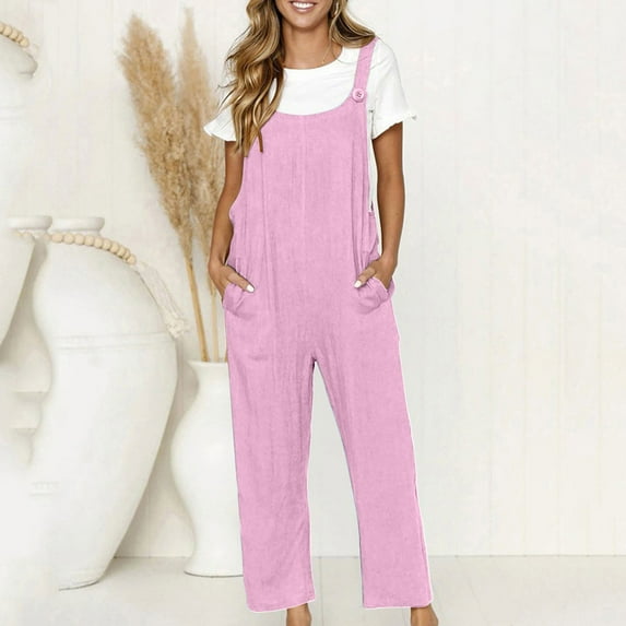 Dazajoo Summer Jumpsuits for Women Cotton Linen Beach Overalls Solid Color Casual Dressy One Piece Outfits Sleeveless Tank Jumpsuit Wide Leg Rompers with Pockets Pink XXL