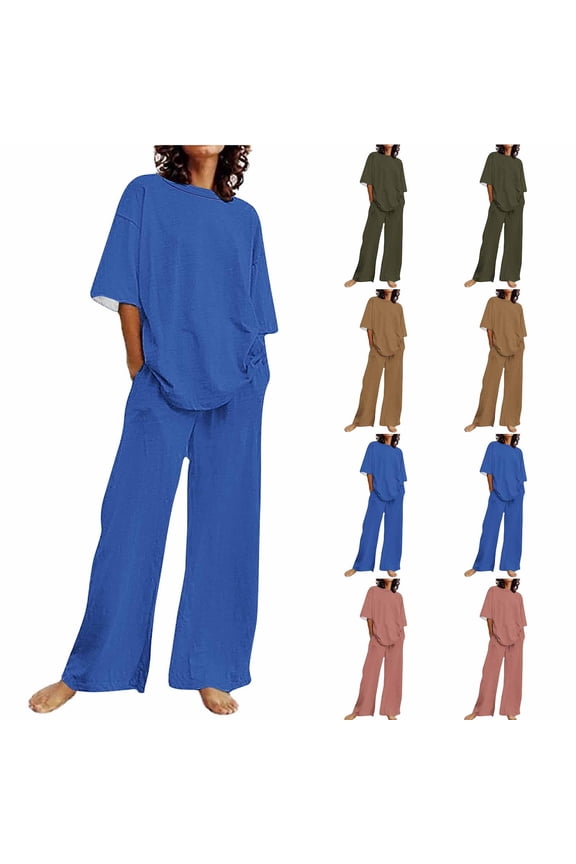 Summer Linen Sets for Women 2025 Casual Short Sleeve Crewneck Tops Matching Wide Leg Pants with Pockets,Army Green,XXXL
