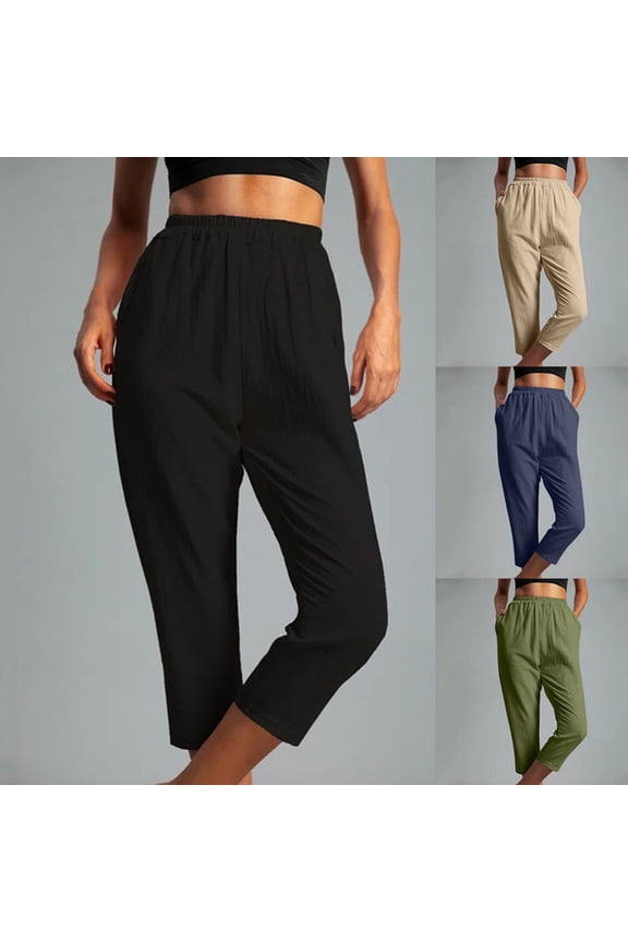 Summer Pants Sale Cotton Linen Elastic Waist Pants for Women Solid Color Lightweight Yoga Capris Casual Summer Comfy Athletic Pants,Army Green,L