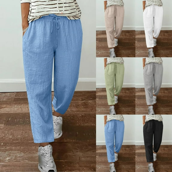 Dazajoo Summer Pants Sale Straight Leg Capri Pants for Women Casual Elastic Waisted Drawstring Linen Pants with Pockets Summer Lightweight Workout Pants,Black,XXXXXL