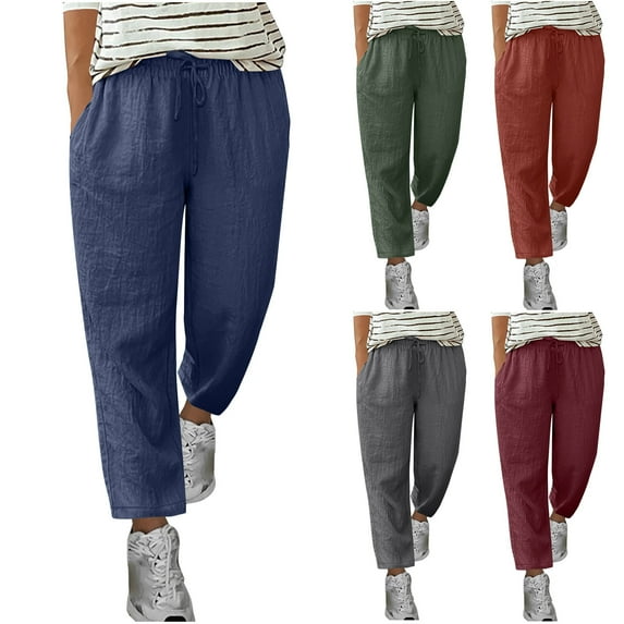 Dazajoo Summer Pants Sale Straight Leg Linen Pants Women Summer Casual Elastic Waisted Drawstring Pants with Pockets 2025 Summer Beach Pants,Dark Blue,XL