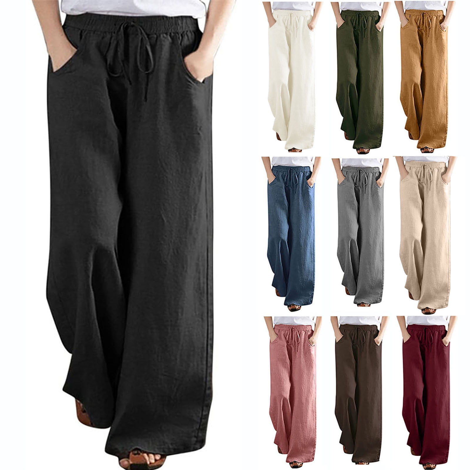 Women Summer Retro Pure Color 100 Cotton Wide Leg Pants main image 1