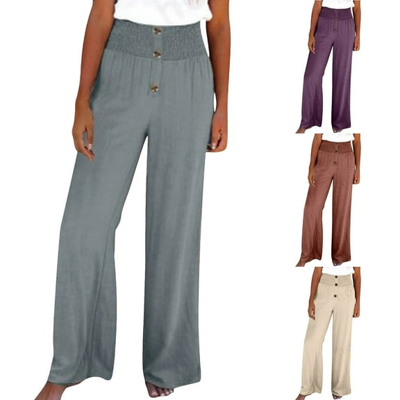 Dazajoo Summer Pants Sale Womens Cotton Linen Palazzo Pants Summer Flowy Wide Leg Trousers Lounge Elastic High Waisted Travel Slacks,Beige,M