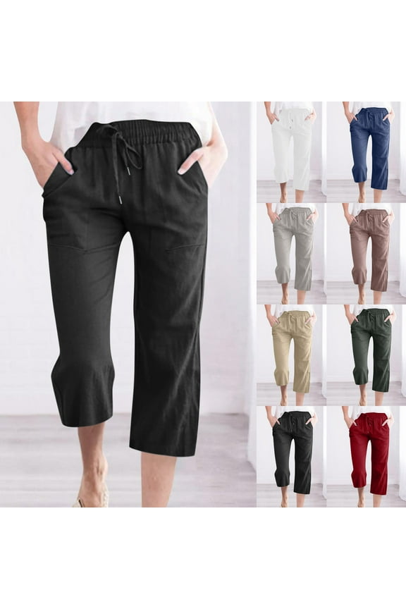 Summer Pants Sale Womens Plus Size Linen/Cotton Capris Summer Elastic Waist Drawstring Pants with Pockets Casual Solid Color Lightweight Beach Capri Pants,White,XL
