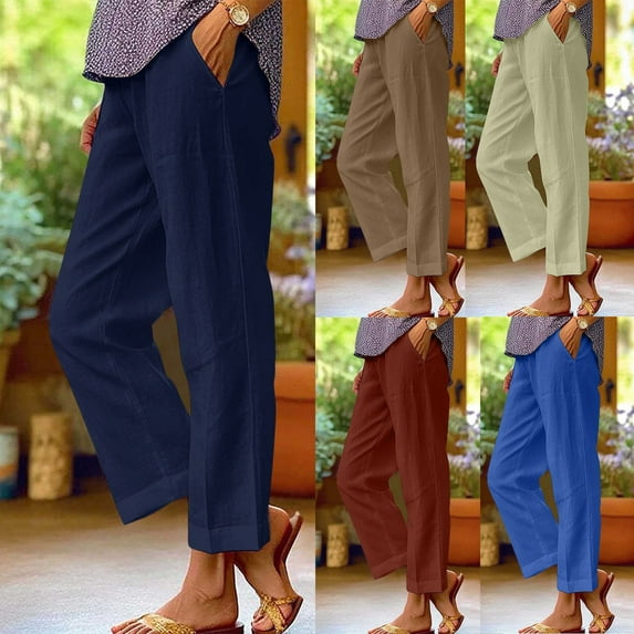 Dazajoo Cotton Linen Pants Women Summer Elastic Waist Straight Leg Pants Plus Size Solid Color Beach Trousers with Pockets,Navy,XL