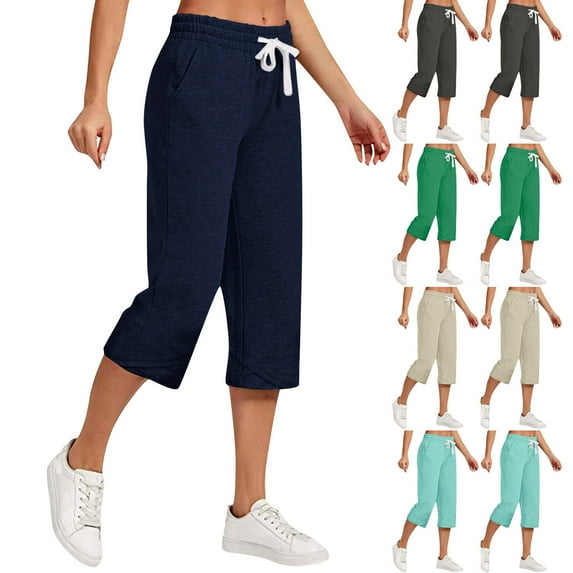 Dazajoo Womens Plus Size Cotton Linen Solid Pockets Drawstring Capri Pants Elastic Waisted Gym Capris Summer Loungewear,Mint Green,S