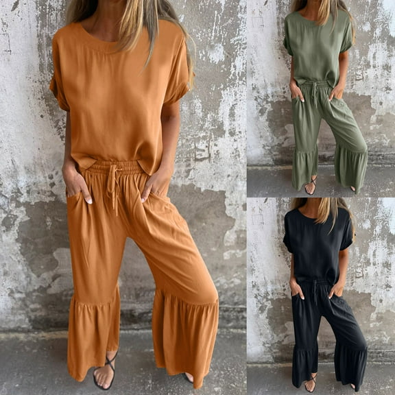 Dazajoo Summer Sets for Women 2 Piece Cotton Linen Lounge Set Short Sleeve Crew Neck Shirts Ruffle Pants Casual Outfits,Orange,L