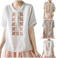 thumbnail image 1 of Dazajoo Summer Short Sleeve Tops for Women 2025 Casual Floral Embroidered Linen Shirt Round Neck Loose Blouses,Gray,XXXL, 1 of 6