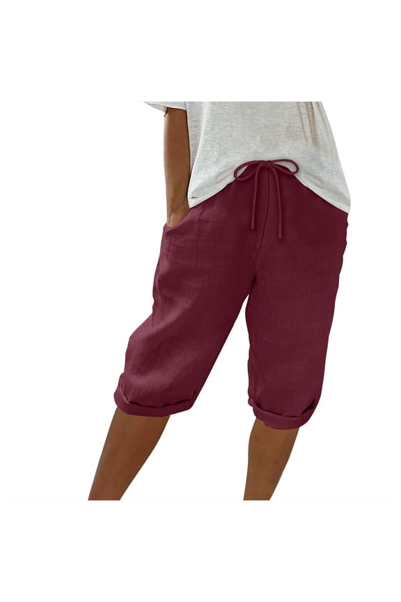 Summer Shorts for Women Loose Fit Knee Length Bermuda Drawstring Shorts with Pockets Womens Casual Solid Color Beach Half Pants 2024,Wine,XXXL