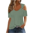 thumbnail image 1 of Dazajoo Summer Tops for Women 2024 Eyelet Cold Shoulder Short Sleeve T Shirts Dressy Casual Solid Color Ring Hollow Tops Women's Relaxed Fitted V Neck Basic Shirts Tees,Green,S, 1 of 6