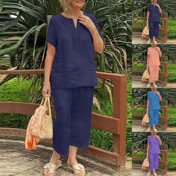 Dazajoo Summer Two Piece Linen Sets for Women 2025 Short Sleeve Henley Tops Matching Wide Leg Pants with Pockets Saving Deals,Navy,M