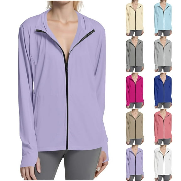 Dazajoo Sun Shirts for Women Lightweight Long Sleeve Jacket with Thumb Holes Running Hiking Full Zipper Sun Jackets,Khaki,XL