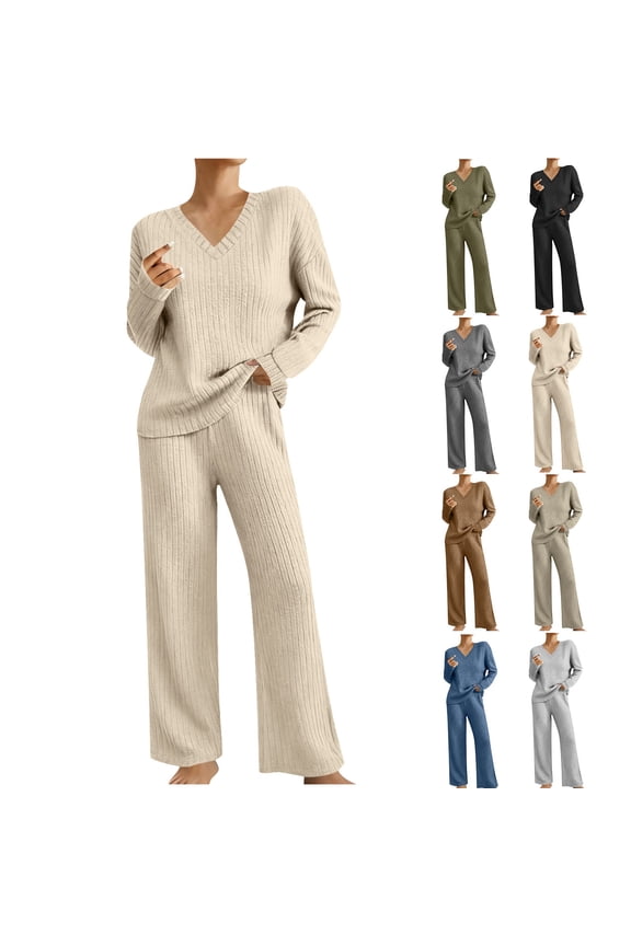 Sweater Set for Women 2 Piece Long Sleeve V Neck Pullover Tops Matching Wide Leg Pants Sets Lightweight Comfy Outfits Beige,M