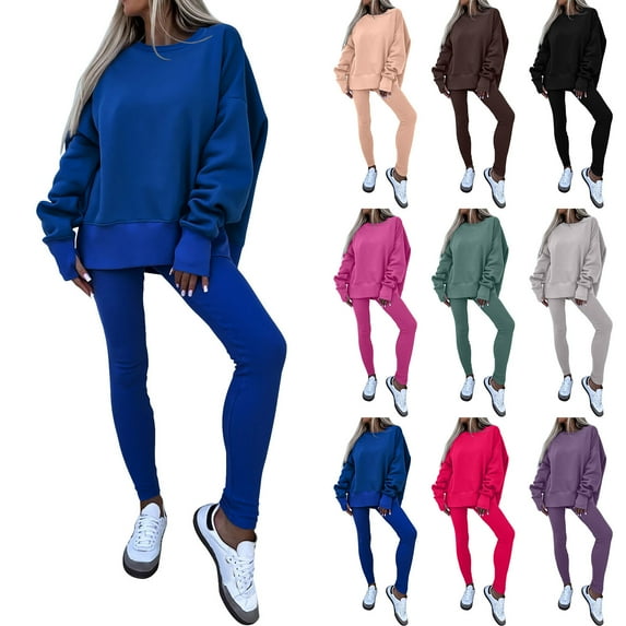 Dazajoo Sweatshirt and Leggings Set for Women Oversized Pullover Tops Matching Slim Leggings Yoga 2 Piece Outfits Tracksuit,Blue,XL