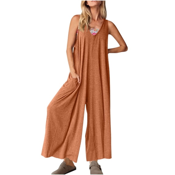 Dazajoo Tank Jumpsuits for Women Casual Wide Leg V Neck Jumpsuit Baggy Solid Summer Beach Lounge Flowy Rompers,Coffee,XXL