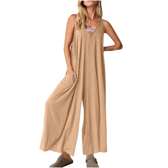 Dazajoo Tank Jumpsuits for Women Casual Wide Leg V Neck Jumpsuit Baggy Solid Summer Beach Lounge Flowy Rompers,Khaki,XXL