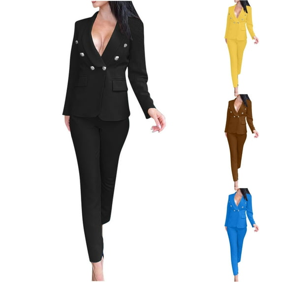 Dazajoo Today's Deals 2 Piece Blazer Sets for Women Color Block Long Sleeve Blazer with Pencil Pants Open Front Business Casual Slim Suit,Coffee,S