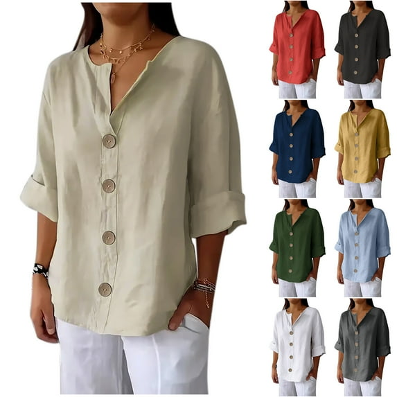 Dazajoo 3/4 Length Sleeve Womens Blouse Plus Size Cotton Linen V Neck Henley Shirts Casual Solid Color Lightweight Tops,Yellow,XXXL