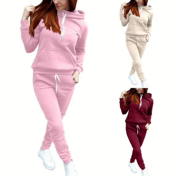 Dazajoo Tracksuit for Women Set 2 Piece Set Long Sleeve Hoodies and Drawstring Jogging Pants with Pockets Solid Color Fall Winter Sweatsuits,Khaki,L