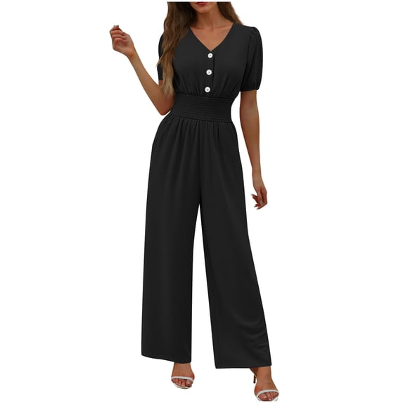 Dazajoo Travel Jumpsuits for Women Short Sleeve Button V Neck Dressy Casual Wide Leg Long Pants Rompers Summer One Piece Beach Outfits,Black,XL
