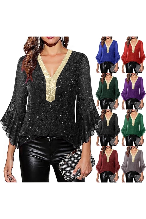 Tulle Tops for Women Dressy Trendy Sequin V Neck Shirts Casual 3/4 Ruffle Sleeve Tunic Blouses,Army Green,S
